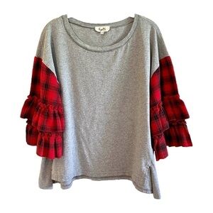 KYE MI, WOMENS,FULL,GREY TOP WITH RED& BLACK PLAID, 2 TIER RUFFLE SLEEVES.SIZE L